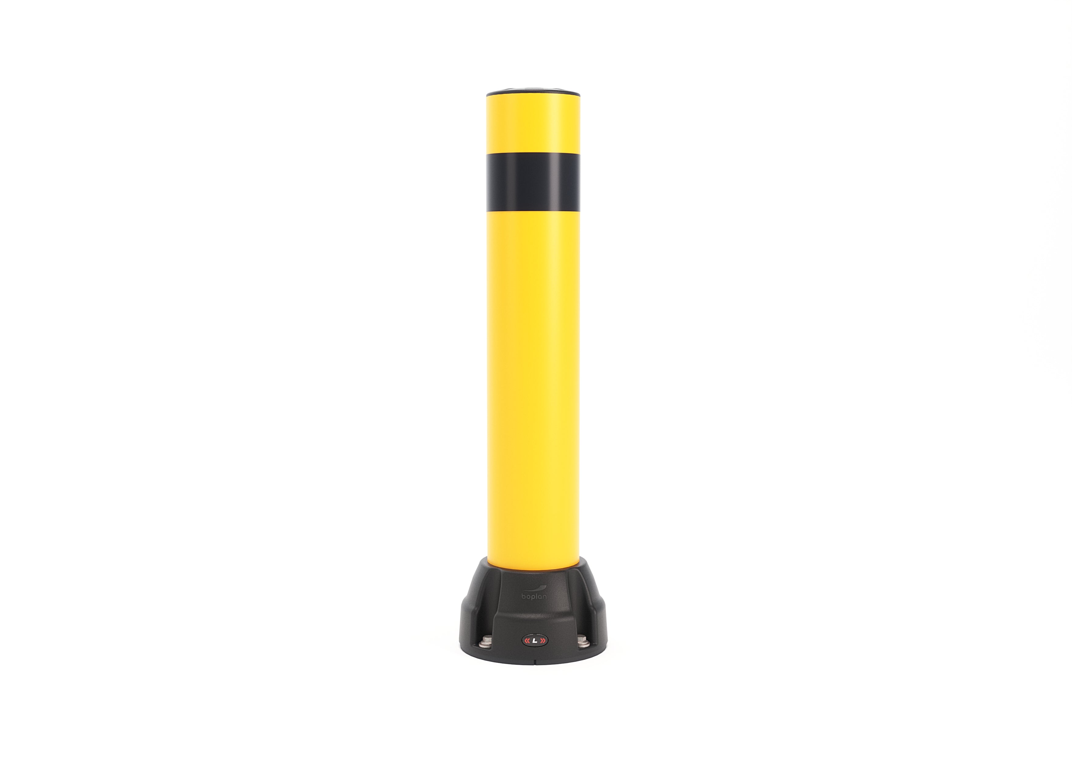 Boplan Rammschutzpoller BO 125L Sonderausführungen (750 mm), Ø 125 mm – Gelb mit schwarzem Streifen, verzinkte Bodenplatte