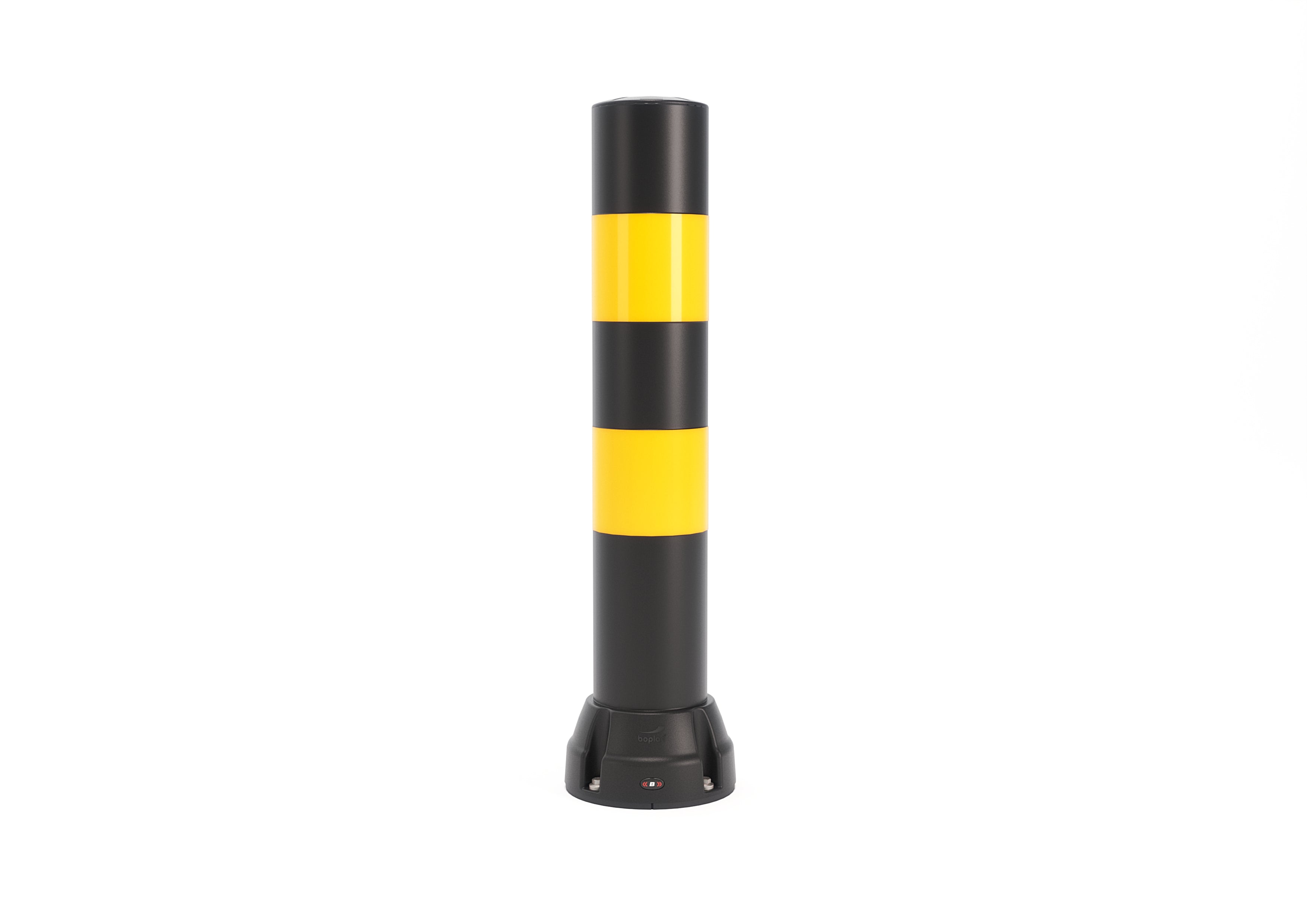 Boplan Rammschutzpoller BO 170B mit Reflexstreifen (1000 mm), Ø 168 mm – Schwarz mit 2 gelben Streifen, verzinkte Bodenplatte