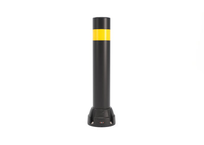Boplan Rammschutzpoller BO 125L Sonderausführungen (750 mm), Ø 125 mm – Schwarz mit gelbem Streifen, verzinkte Bodenplatte 