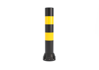 Boplan Rammschutzpoller BO 170B mit Reflexstreifen (1000 mm), Ø 168 mm – Schwarz mit 2 gelben Streifen, verzinkte Bodenplatte 